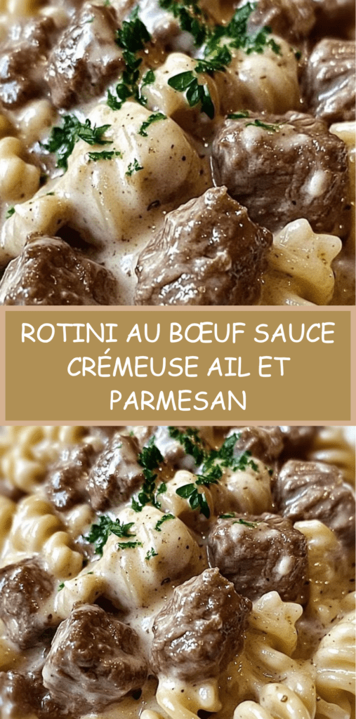 Assiette de pâtes rotini au bœuf enrobées d’une sauce crémeuse au parmesan avec morceaux de bœuf dorés, garnies de persil frais et servies chaudes.