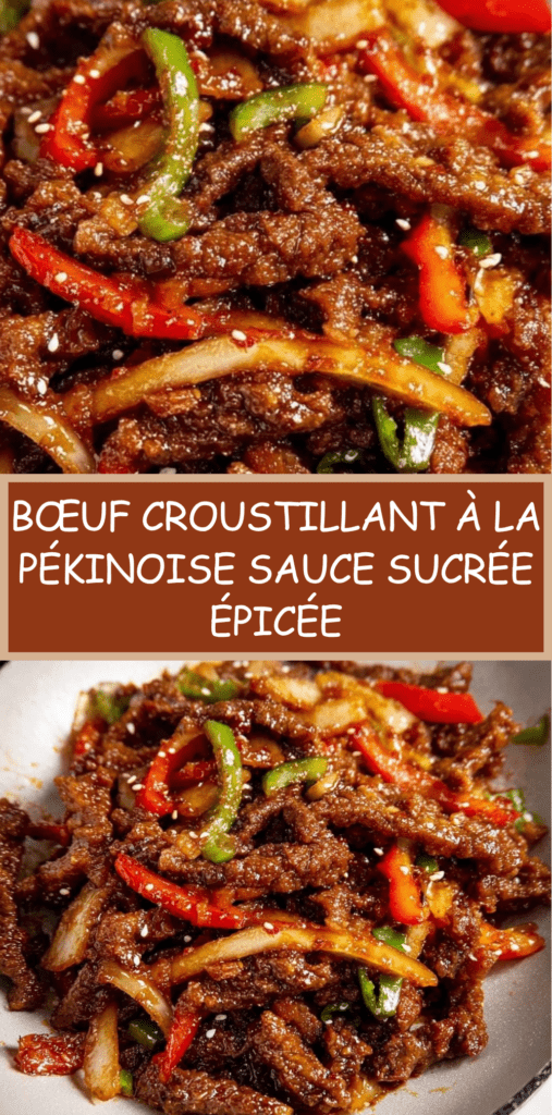 Lamelles de bœuf croustillantes enrobées d’une sauce brillante sucrée épicée, accompagnées de poivrons rouges et verts et d’oignons dans un wok.
