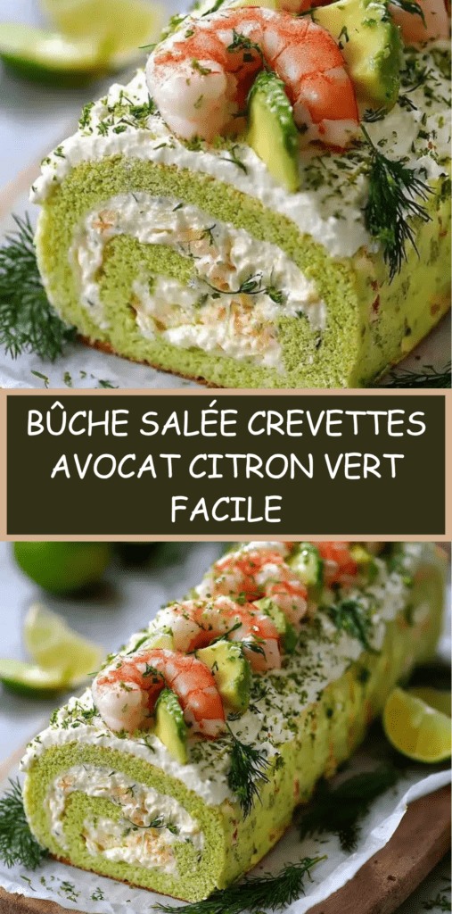 Bûche salée roulée garnie de crevettes, avocat et fromage frais, décorée avec des herbes et des tranches d’avocat sur un plat de service élégant.