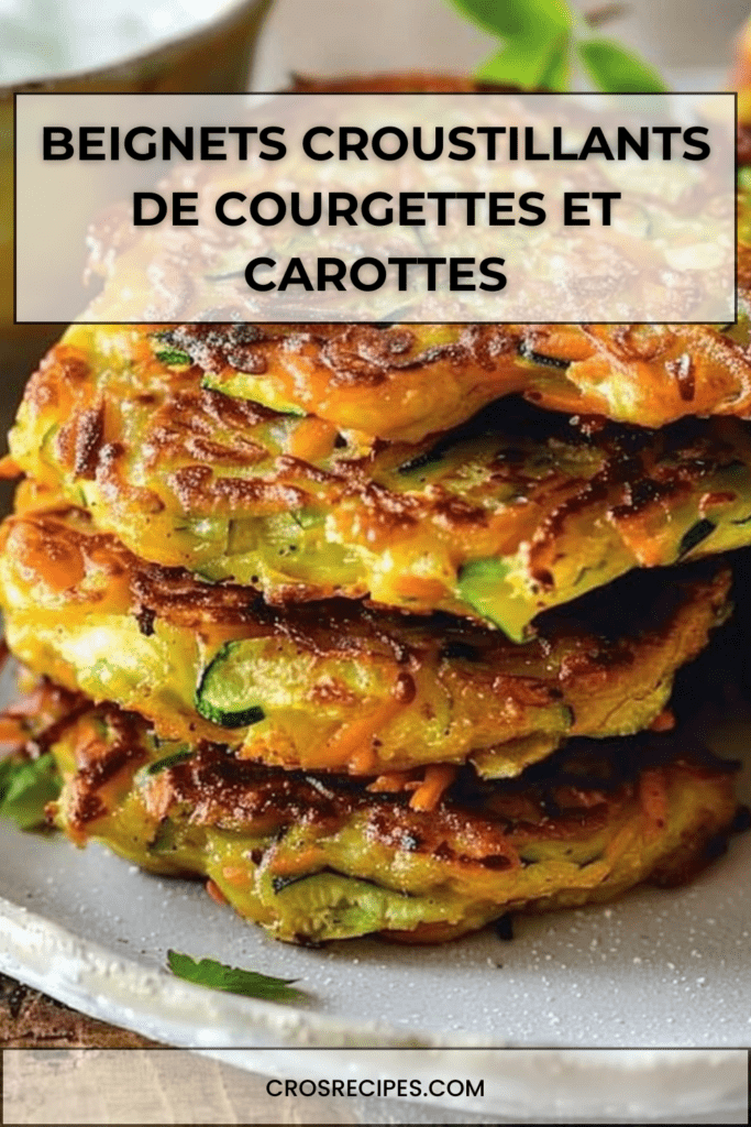 Beignets croustillants de courgettes et carottes dorés à la poêle, servis chauds avec une sauce yaourt citronnée et des herbes fraîches.