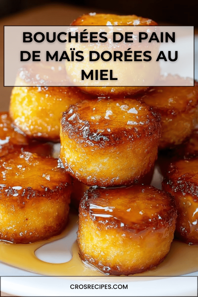 Petites bouchées de pain de maïs dorées, moelleuses à l’intérieur, brillamment glacées au miel et servies chaudes sur une assiette.