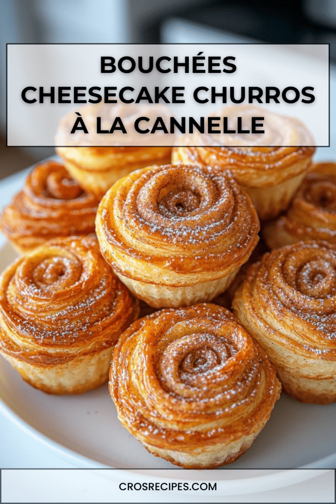 Bouchées cheesecake churros dorées, roulées dans un mélange sucre et cannelle, avec cœur crémeux au fromage frais, servies sur une assiette.