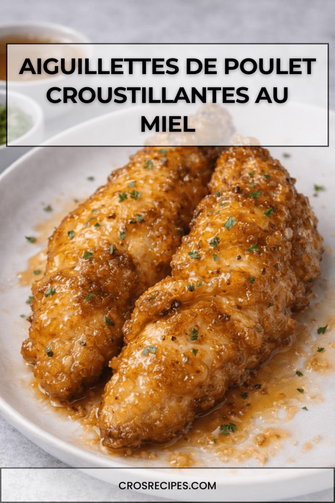 Aiguillettes de poulet panées et dorées, nappées d’une sauce au miel brillante légèrement caramélisée, servies chaudes avec persil frais.