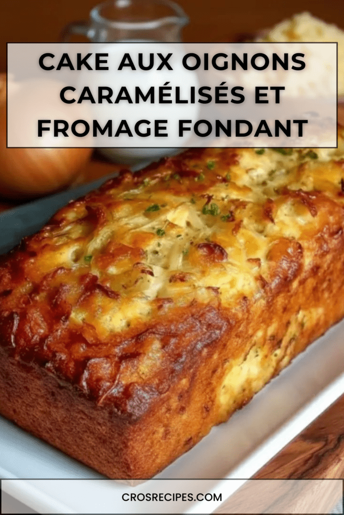 Cake aux oignons caramélisés et fromage, tranché sur une planche en bois, avec croûte dorée, accompagné d’une salade verte en arrière-plan.