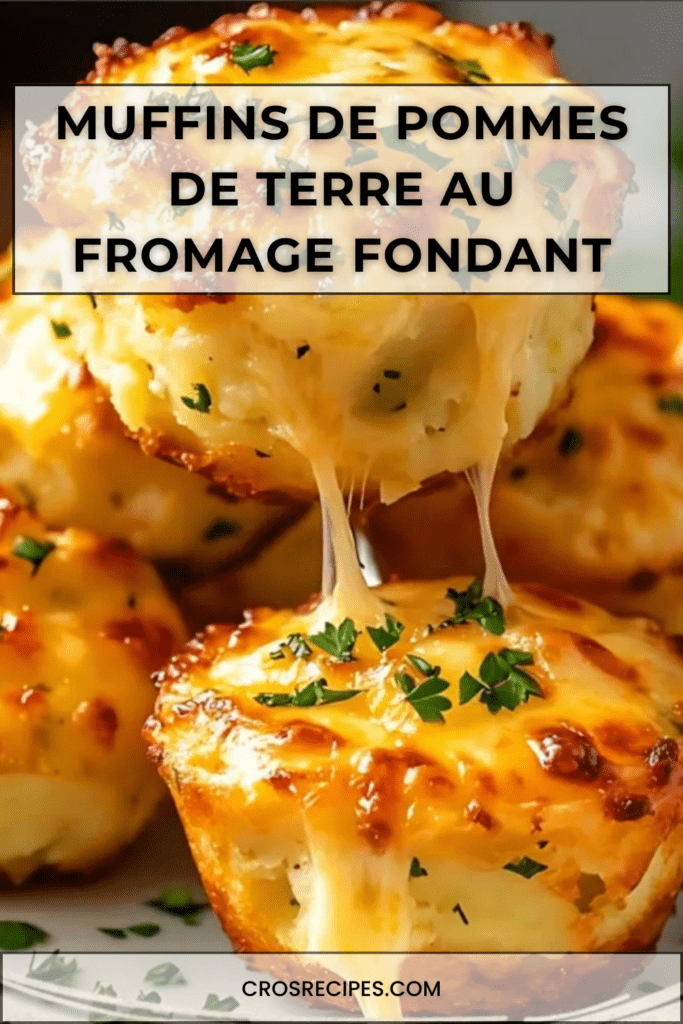 Muffins salés de pommes de terre au fromage, dorés et gonflés, posés sur une grille avec fromage filant, parsemés de persil frais.
