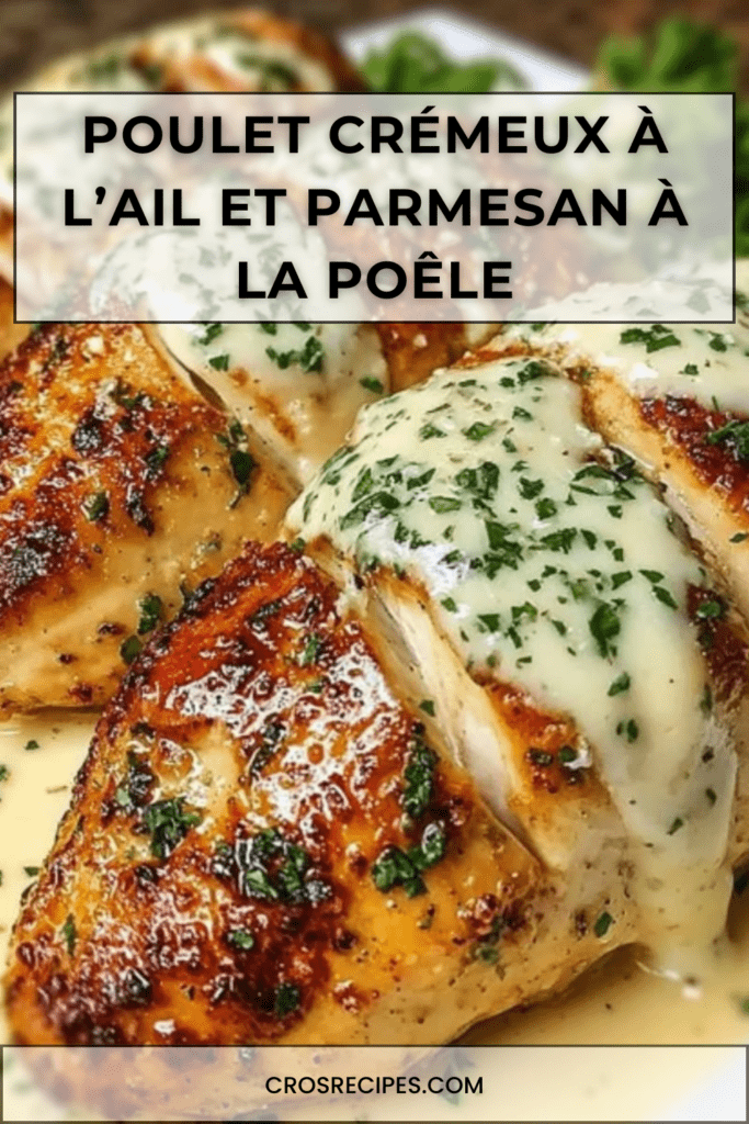 Filets de poulet dorés nappés de sauce crémeuse à l’ail et parmesan, servis dans une poêle avec persil frais et accompagnés de pâtes.
