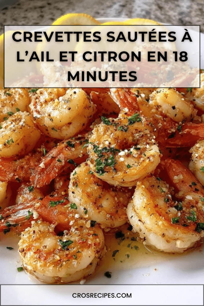 Crevettes sautées à l’ail et citron, dorées dans une poêle, nappées de jus citronné, parsemées de persil frais, avec rondelles de citron.