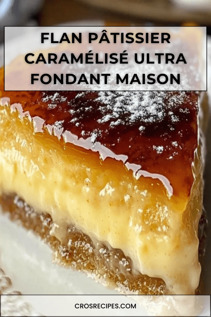 Flan pâtissier caramélisé, épais et crémeux, découpé en parts dans un moule, surface dorée, saupoudré de sucre glace, sur table.