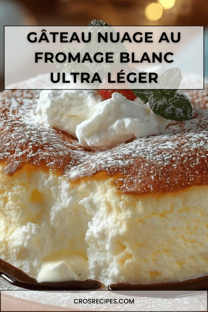Gâteau nuage au fromage blanc, très léger et doré, saupoudré de sucre glace, découpé en parts sur un plat, mie aérienne visible.