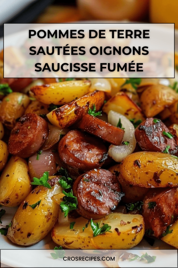 Poêle de pommes de terre sautées dorées avec rondelles de saucisse fumée, oignons caramélisés et persil frais