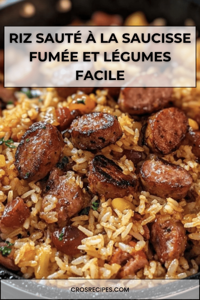 Poêle de riz sauté avec rondelles de saucisse fumée, poivrons colorés, oignons fondants et herbes fraîches