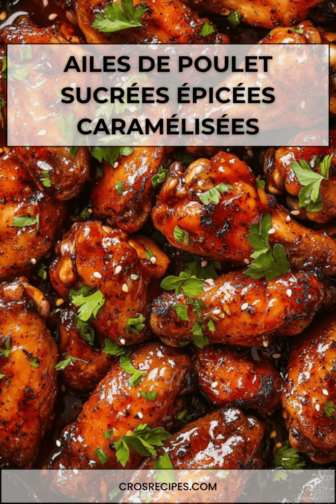 Ailes de poulet caramélisées nappées de sauce sucrée épicée, brillantes, garnies de sésame et herbes fraîches dans une assiette