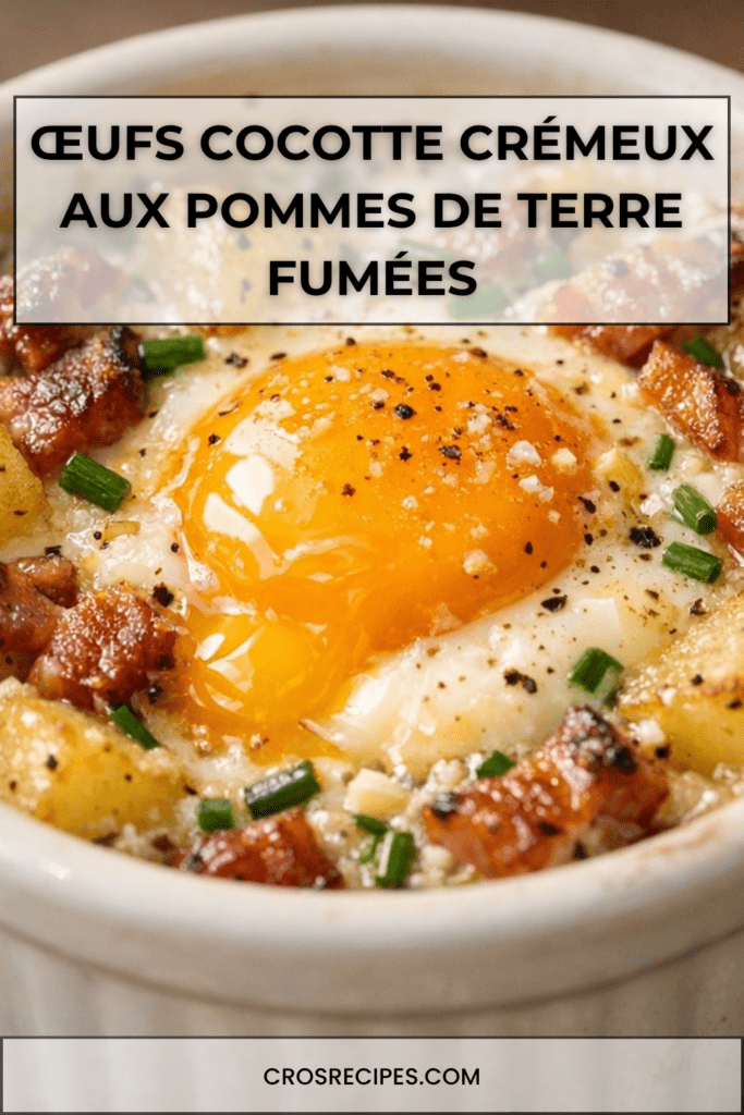 Deux œufs cocotte crémeux servis en ramequins avec pommes de terre fondantes, lard fumé croustillant, ciboulette fraîche et jaune coulant.