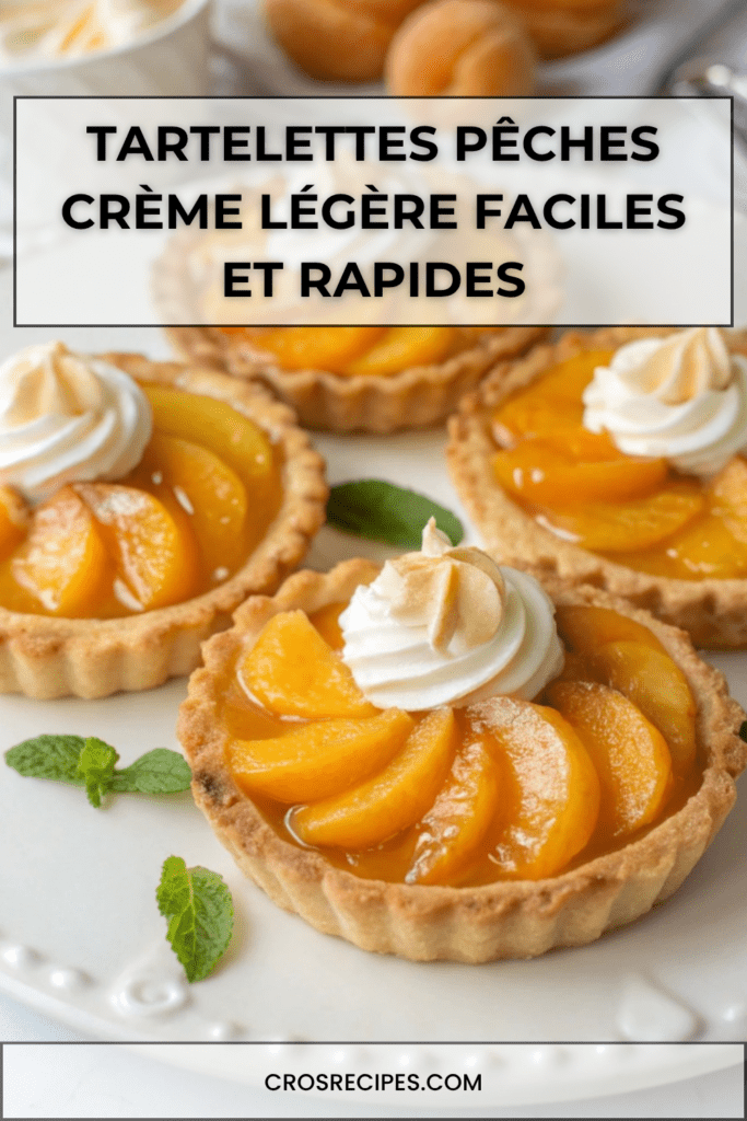Tartelettes aux pêches et crème légère, garnies de lamelles de fruits frais brillants et d’une crème onctueuse, présentées sur une assiette élégante.