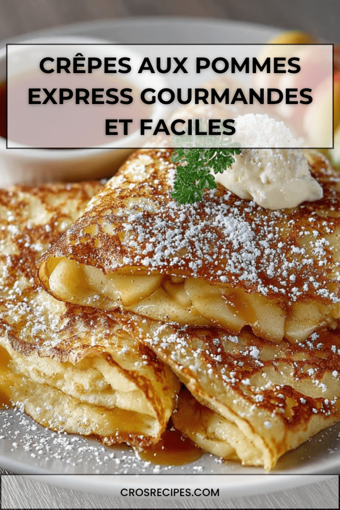 Crêpes aux pommes caramélisées fondantes, saupoudrées de sucre glace et nappées de sirop d’érable, servies chaudes.