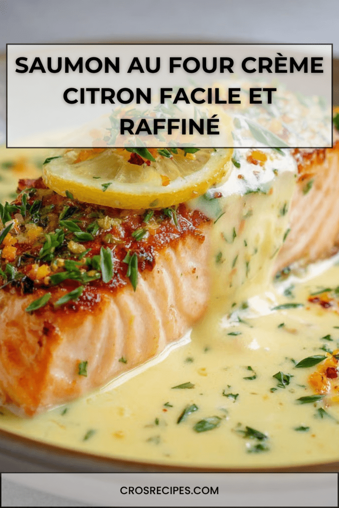 Pavés de saumon au four nappés d’une sauce crémeuse au citron, garnis de rondelles de citron et d’herbes fraîches dans un plat de cuisson.