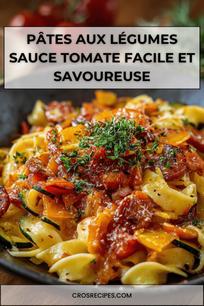 Assiette de pâtes aux légumes sauce tomate avec courgette, poivron, carotte et parmesan râpé, servie chaude dans un plat convivial.