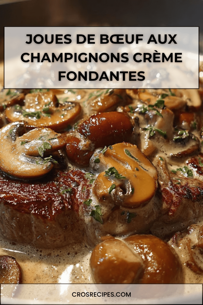 Joues de bœuf mijotées avec champignons dans une sauce crémeuse, servies chaudes avec persil frais dans une cocotte rustique.