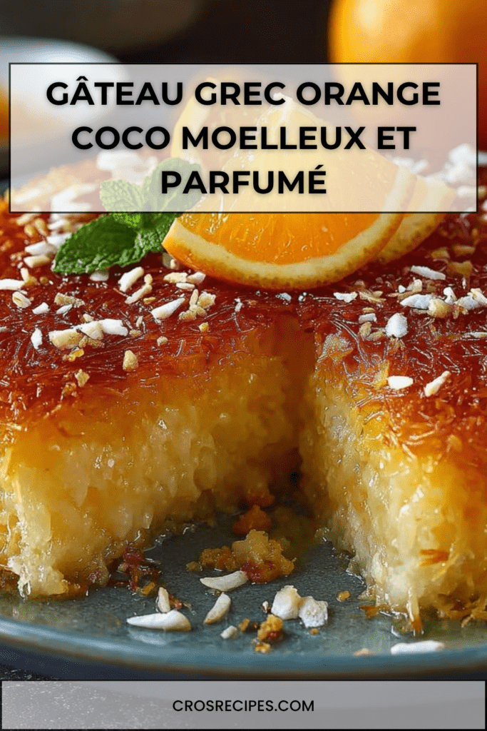 Gâteau grec à l’orange et noix de coco imbibé de sirop, texture moelleuse, décoré de zestes d’orange et de coco râpée sur le dessus.