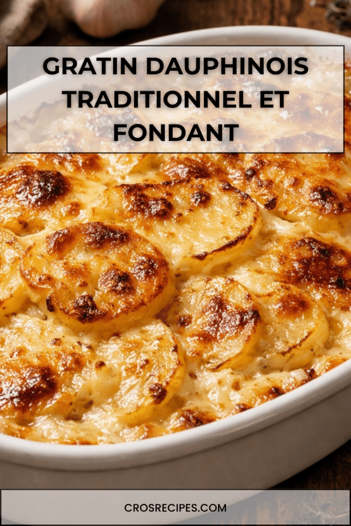 Gratin dauphinois traditionnel servi dans un plat en céramique, avec fines rondelles de pommes de terre fondantes, crème onctueuse et surface légèrement dorée.