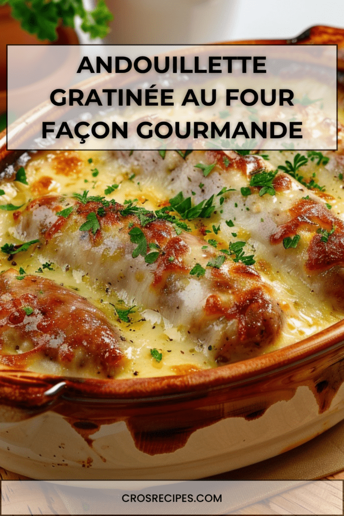 Andouillettes gratinées au four avec sauce crémeuse à la moutarde et fromage doré, servies dans un plat chaud avec surface croustillante.