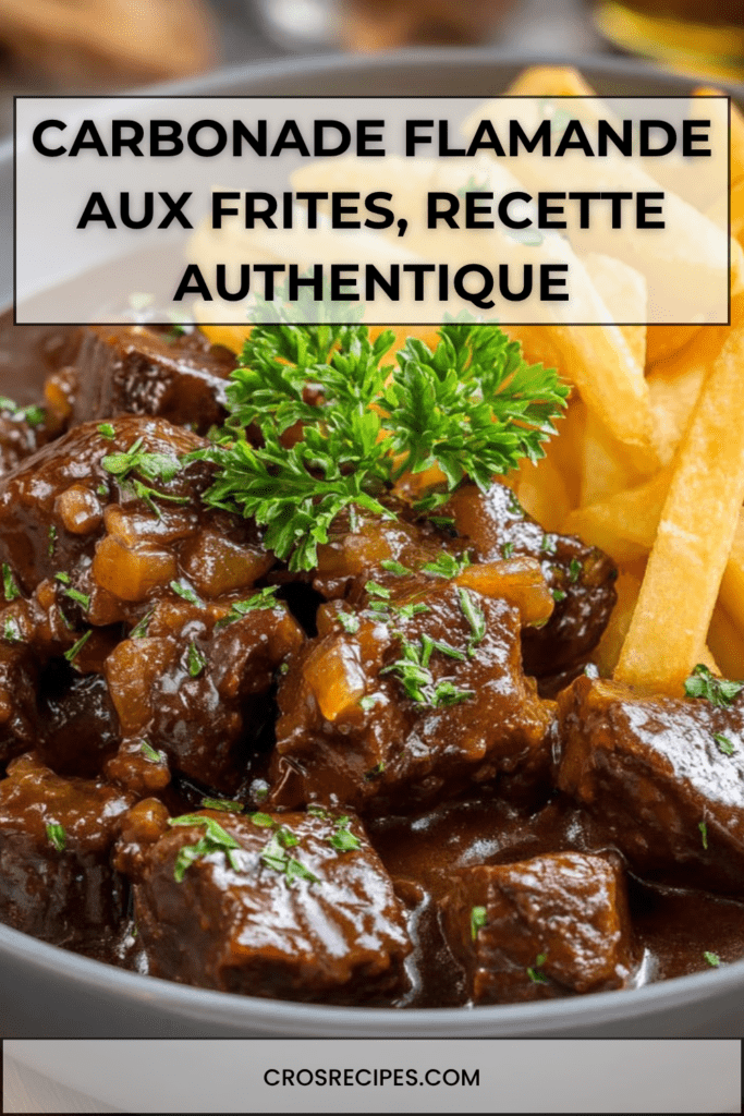 Assiette de carbonade flamande traditionnelle avec morceaux de bœuf fondants dans une sauce brune à la bière, servie avec des frites croustillantes.