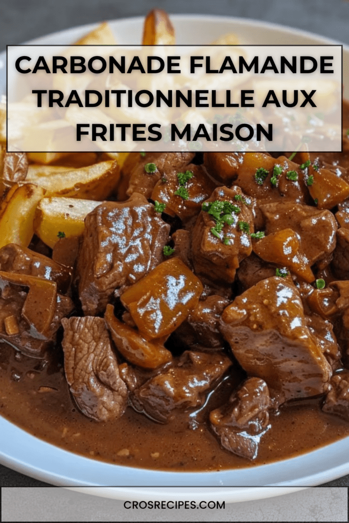 Plat de carbonade flamande avec morceaux de bœuf fondants dans une sauce brune à la bière, accompagné de frites croustillantes dorées.