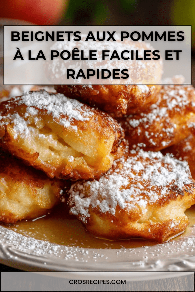 Beignets aux pommes dorés à la poêle, texture moelleuse à l’intérieur et croustillante à l’extérieur, saupoudrés de sucre glace.