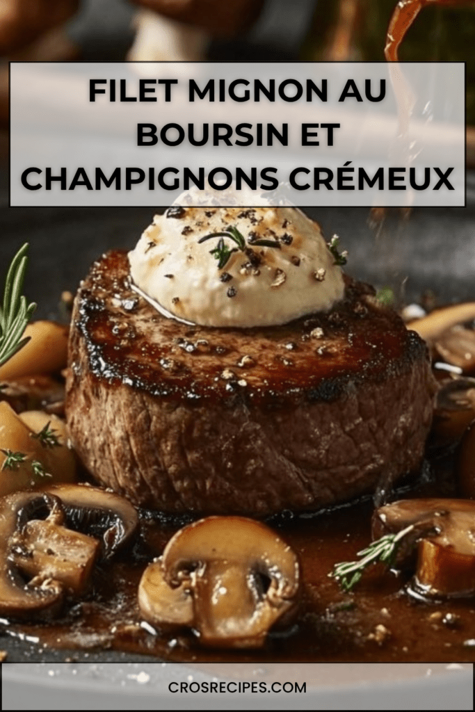 Filet mignon de porc nappé d’une sauce crémeuse au Boursin avec champignons de Paris dorés et persil frais, servi chaud dans une assiette gourmande.