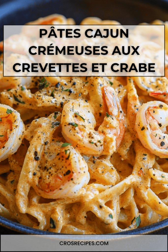 Assiette de pâtes crémeuses aux crevettes et chair de crabe, nappées d’une sauce cajun onctueuse avec persil frais et parmesan.