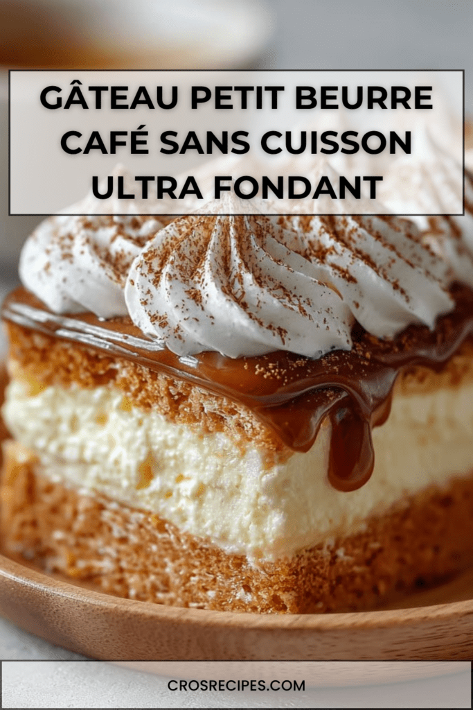 Gâteau petit beurre au café sans cuisson, composé de couches de biscuits imbibés et de crème mascarpone, avec un nappage chocolat ou cacao.