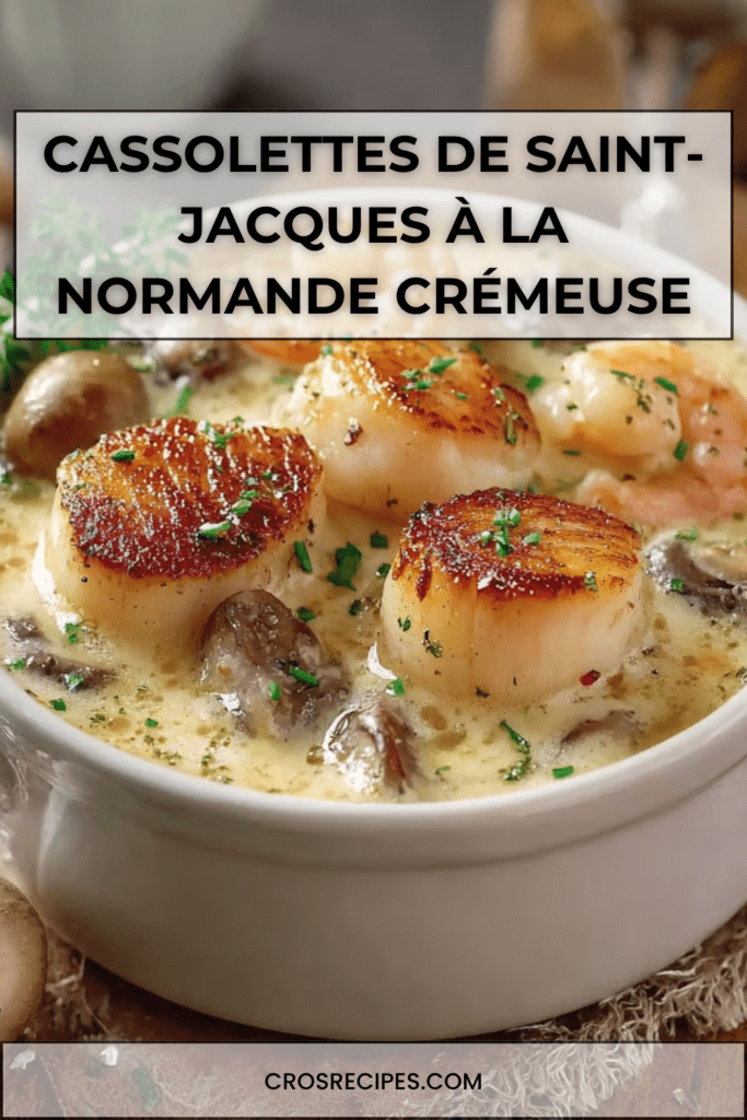 Cassolettes de noix de Saint-Jacques dorées avec crevettes et champignons, nappées d’une sauce crémeuse et gratinées au four.