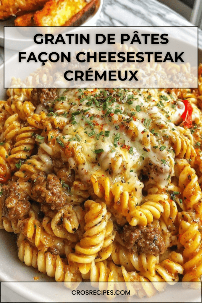 Gratin de pâtes façon cheesesteak avec fusilli, viande hachée, poivron rouge, sauce crémeuse et fromage fondu légèrement doré, servi chaud avec persil frais.