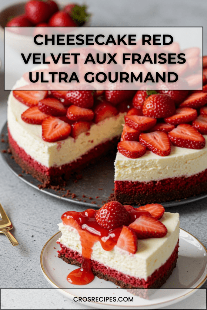 Cheesecake Red Velvet aux fraises avec base rouge velours moelleuse, crème cheesecake lisse, fraises fraîches sur le dessus et coulis de fraises brillant.