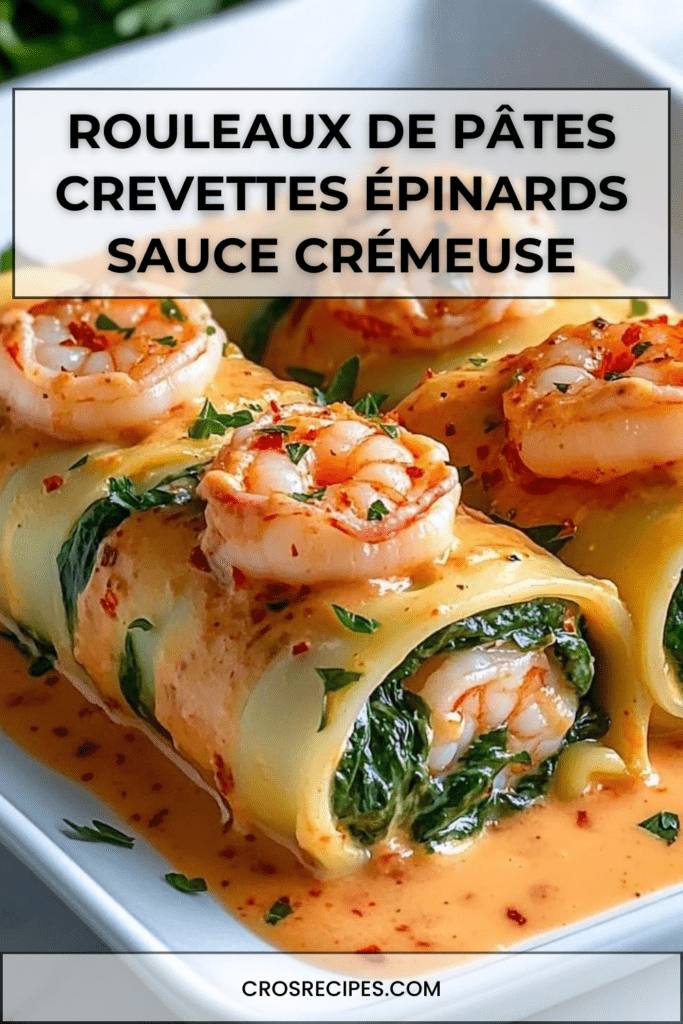 Plat de rouleaux de pâtes farcis aux crevettes, épinards et ricotta, nappés d’une sauce crémeuse au poivron rôti, servis chauds avec persil frais.