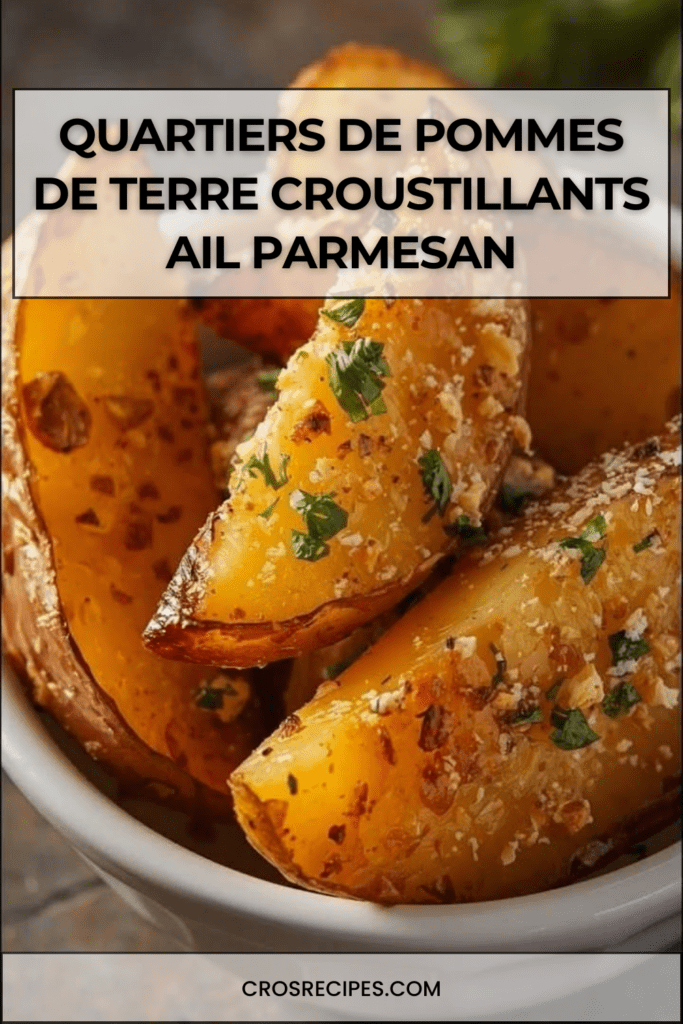 Quartiers de pommes de terre rôtis au four avec ail, parmesan et persil frais, dorés et croustillants servis sur une plaque de cuisson.