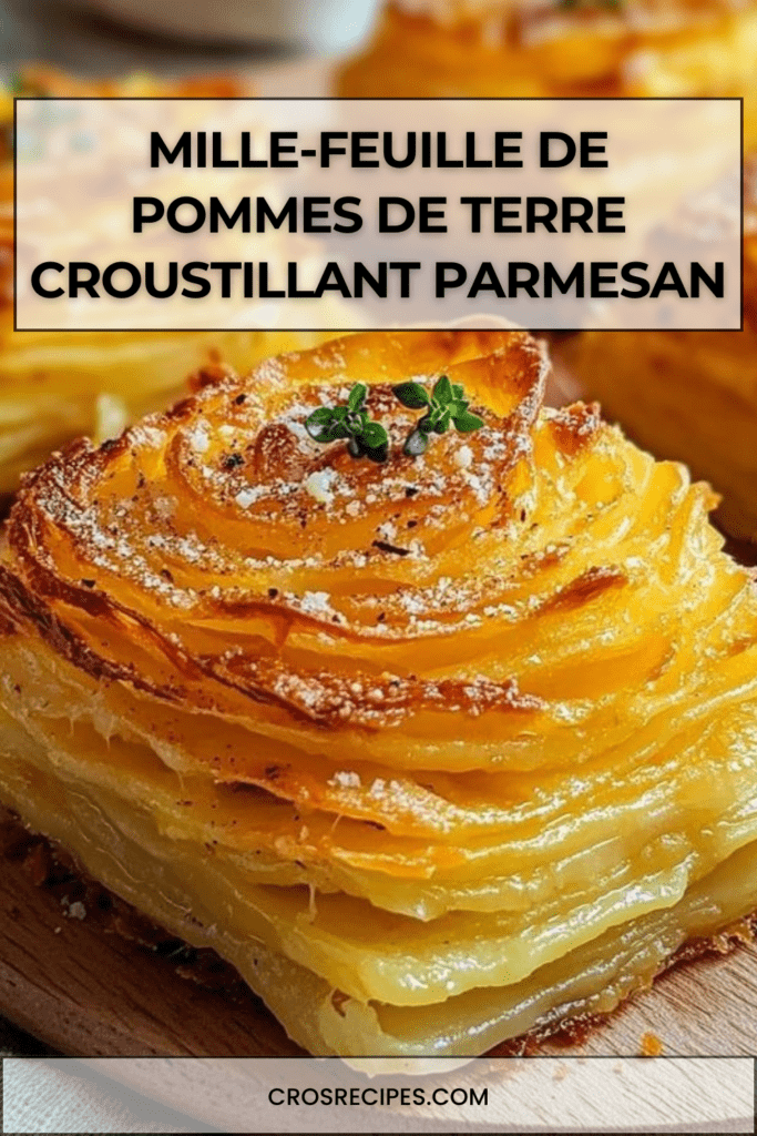 Mille-feuille de pommes de terre croustillant au parmesan avec couches fines dorées au four, servi chaud avec persil frais et texture fondante.