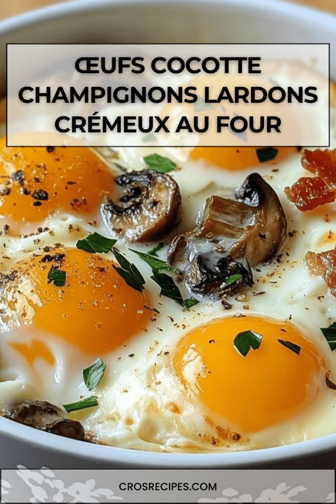 Ramequins d’œufs cocotte aux champignons et lardons avec crème et fromage gratiné, jaunes coulants et ciboulette fraîche.