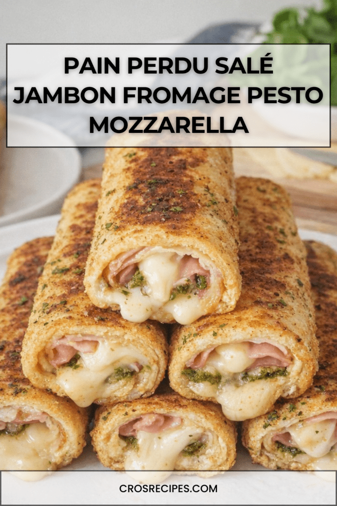 Pain perdu salé jambon-fromage au pesto et mozzarella, doré à la poêle, garni de jambon blanc, mozzarella fondante et tomates confites, servi chaud avec salade verte.