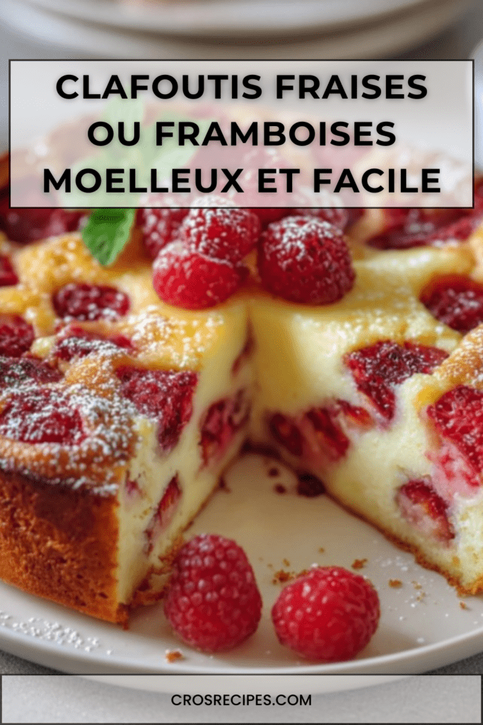 Clafoutis aux fraises et framboises doré au four, fruits rouges visibles, saupoudré de sucre glace, servi tiède en parts sur assiette.