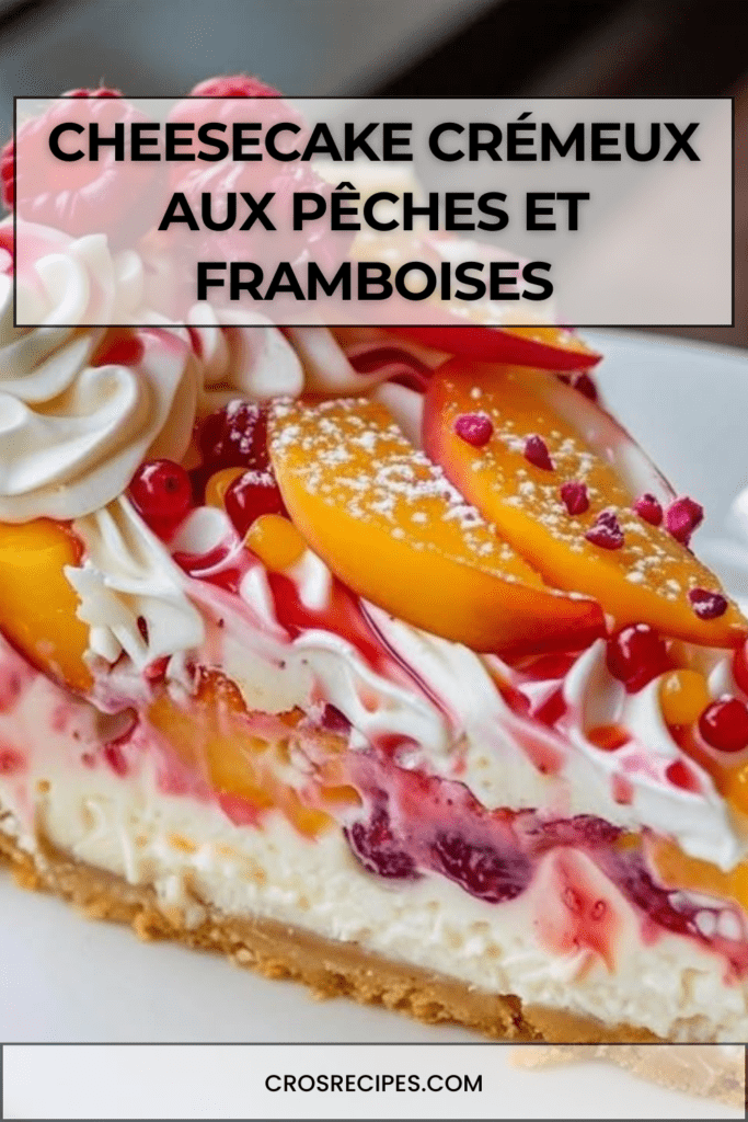 Cheesecake crémeux aux pêches et framboises sur base biscuitée croustillante, décoré de fruits frais et coulis de fruits rouges.