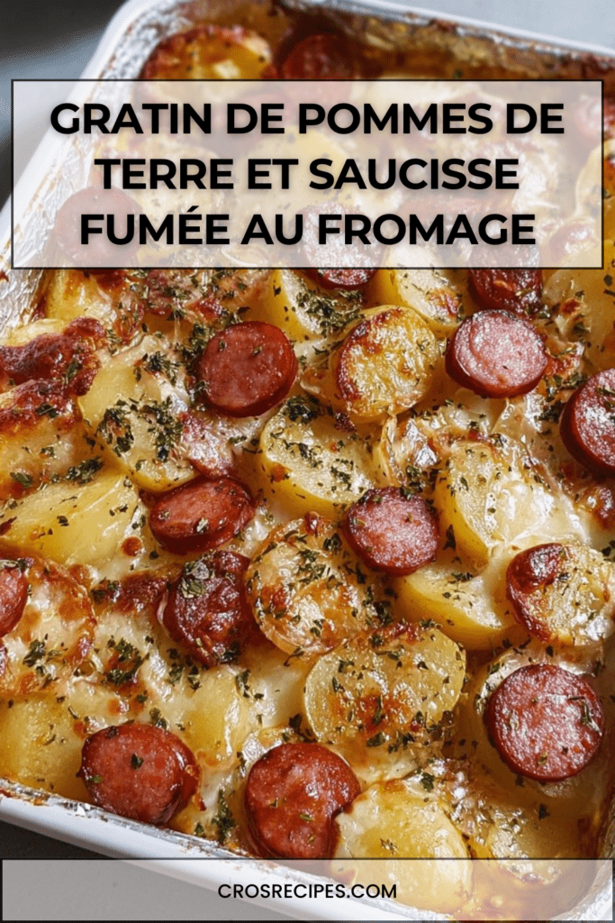 gratin de pommes de terre et saucisse fumée au fromage doré au four avec sauce crémeuse et persil frais dans un plat à gratin rustique