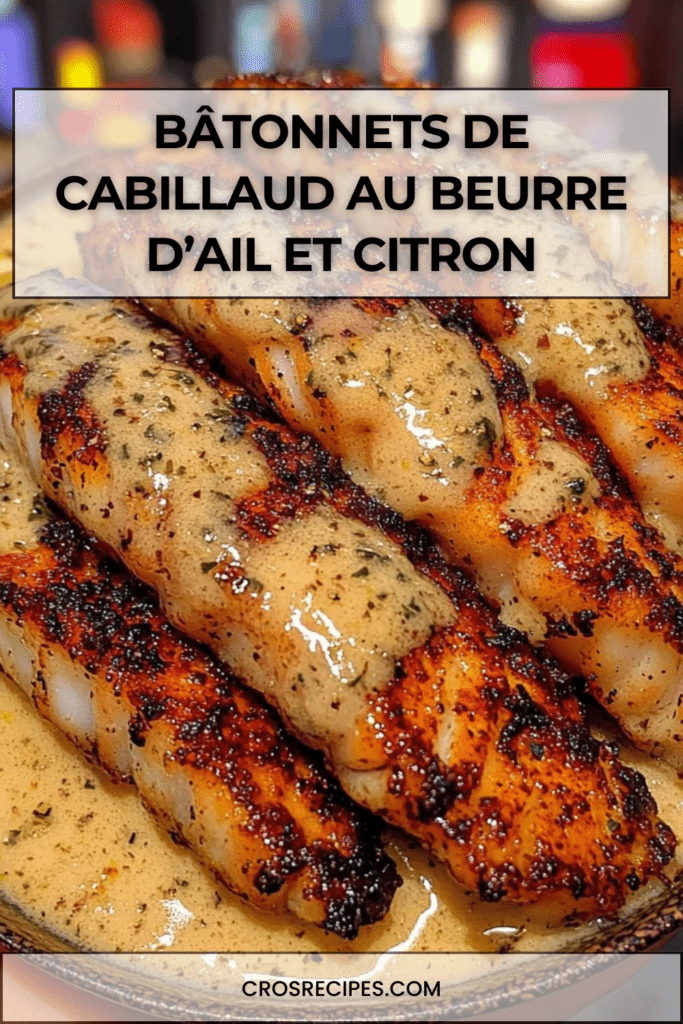 bâtonnets de cabillaud dorés au beurre d’ail avec sauce crémeuse au citron et persil frais servis dans une poêle