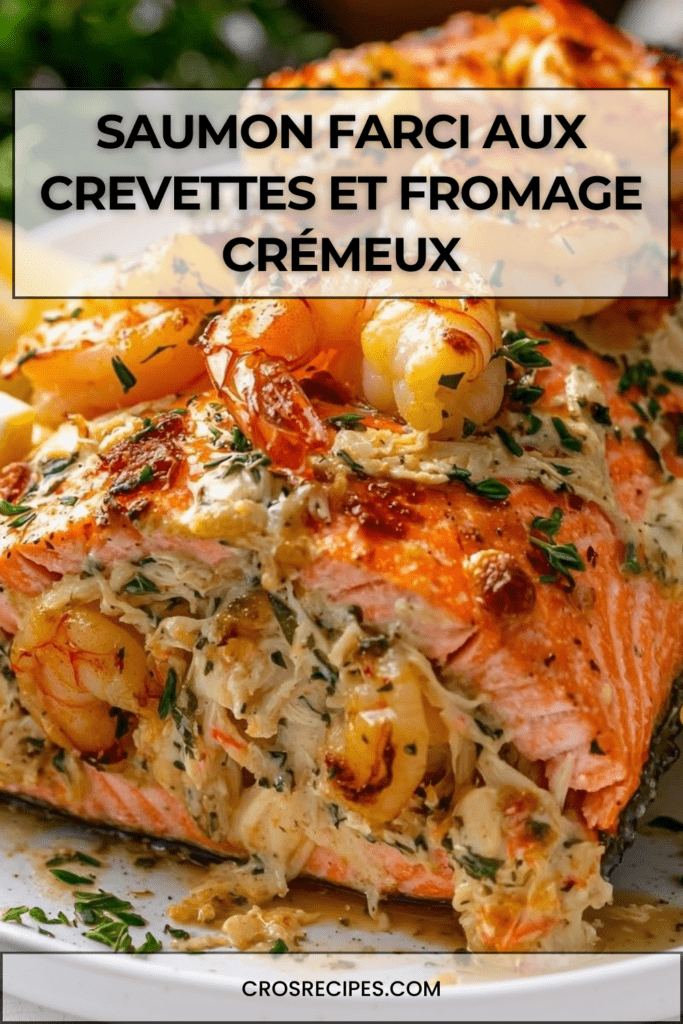 filet de saumon rôti au four farci aux crevettes et fromage crémeux avec persil frais et quartiers de citron