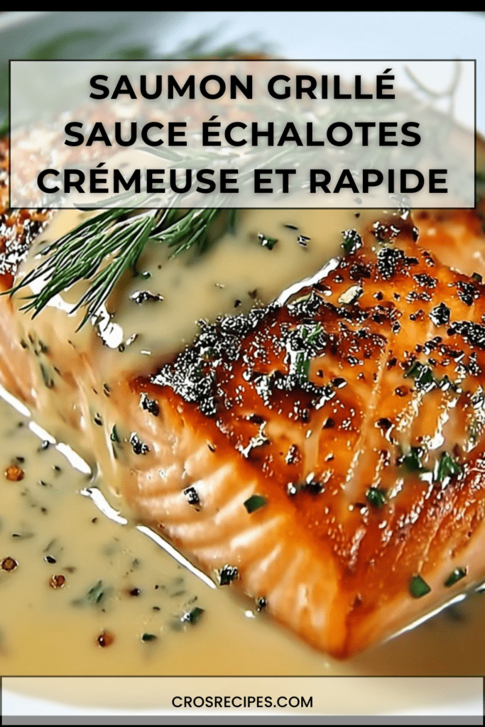 Pavés de Saumon grillé dorés à la poêle nappés d’une sauce crémeuse aux échalotes et aux herbes, servis avec légumes vapeur et riz basmati.