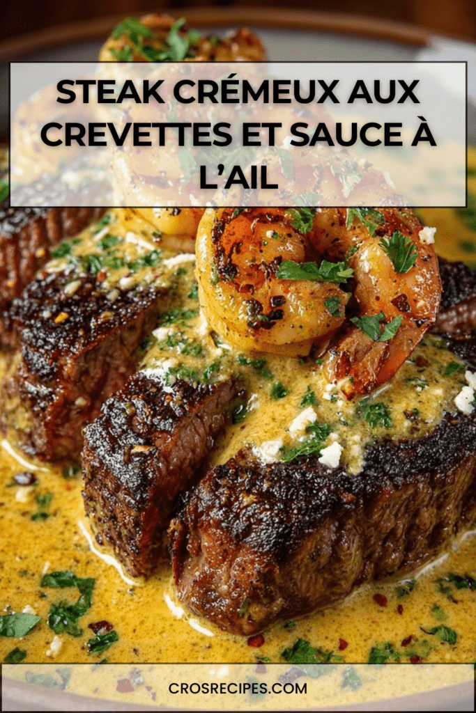 steak de bœuf grillé garni de crevettes dorées avec sauce crémeuse à l’ail et parmesan dans une poêle
