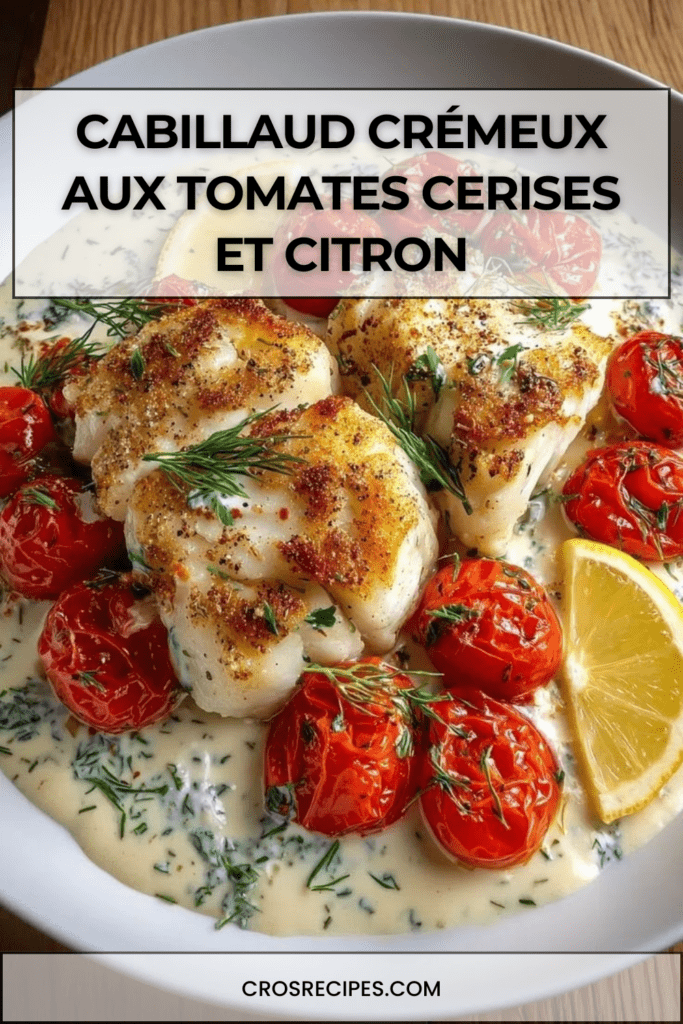Filets de cabillaud dorés servis dans une sauce crémeuse au citron avec des tomates cerises rôties et des herbes fraîches dans une poêle.