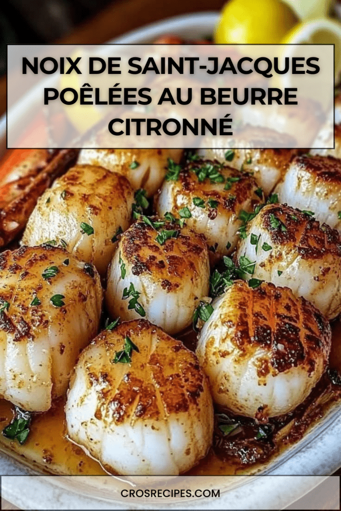 Noix de Saint-Jacques dorées à la poêle nappées de beurre citronné avec persil frais et quartiers de citron dans une assiette élégante.