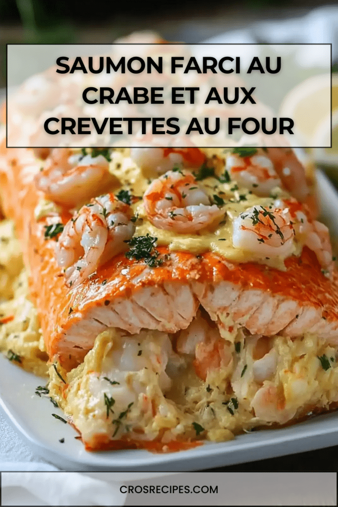 Grand filet de saumon farci au crabe et aux crevettes, garni d’herbes fraîches et de citron, servi doré au four sur un plat élégant.