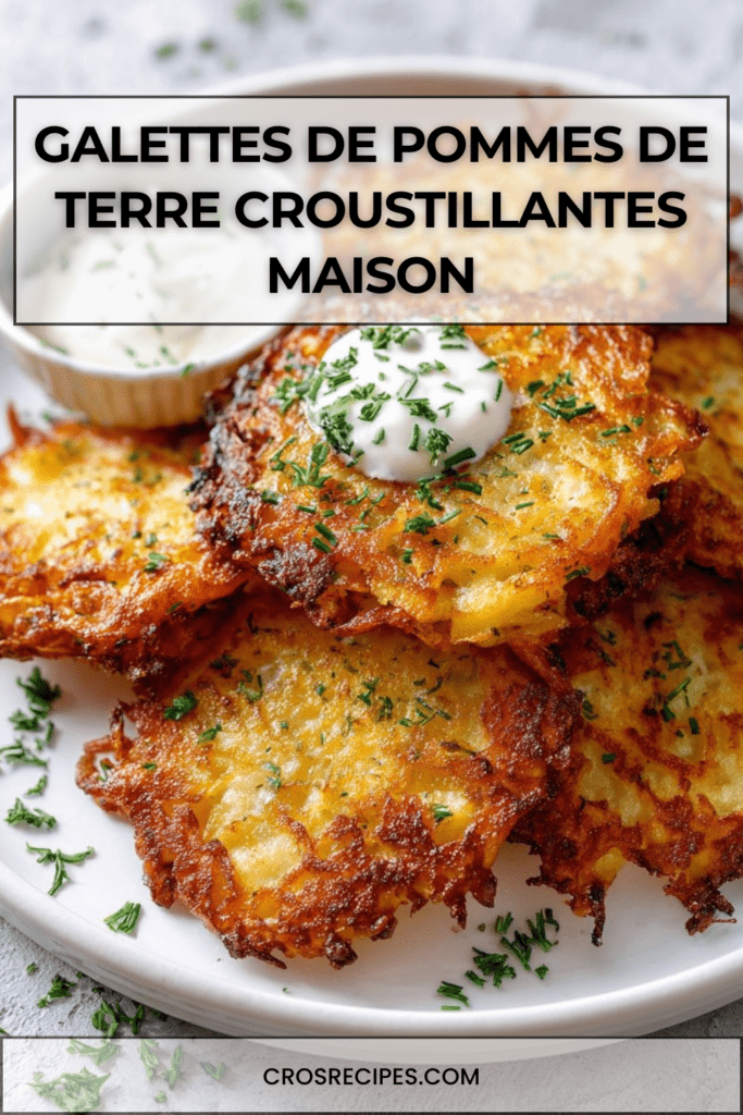Galettes de pommes de terre dorées et croustillantes servies avec crème fraîche et ciboulette sur une assiette rustique.